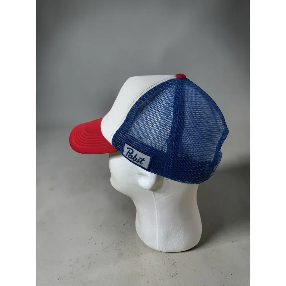Vintage Pabst Blue Ribbon PBR Beer Trucker Hat Snapback Mesh Back Red White Blue